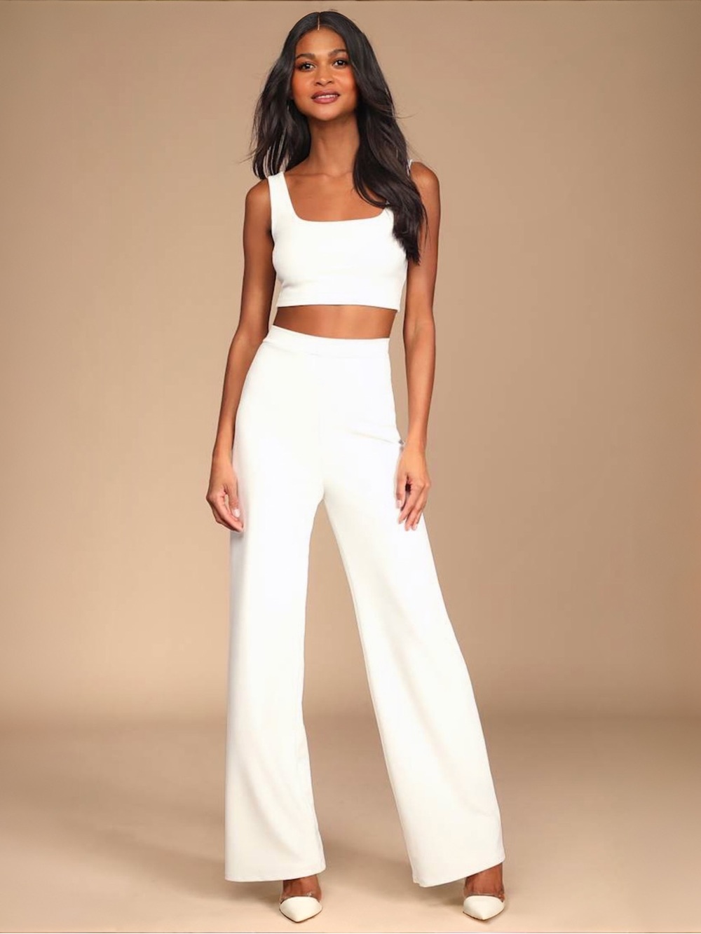 Lulus Only Tonight Ivory Two-Piece High Waist Wide-Leg Jumpsuit Sz XS NEW